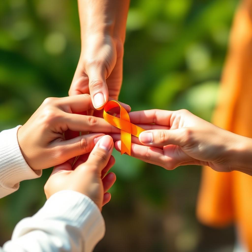 Mãos unidas segurando uma fita laranja, símbolo da campanha Agosto Laranja