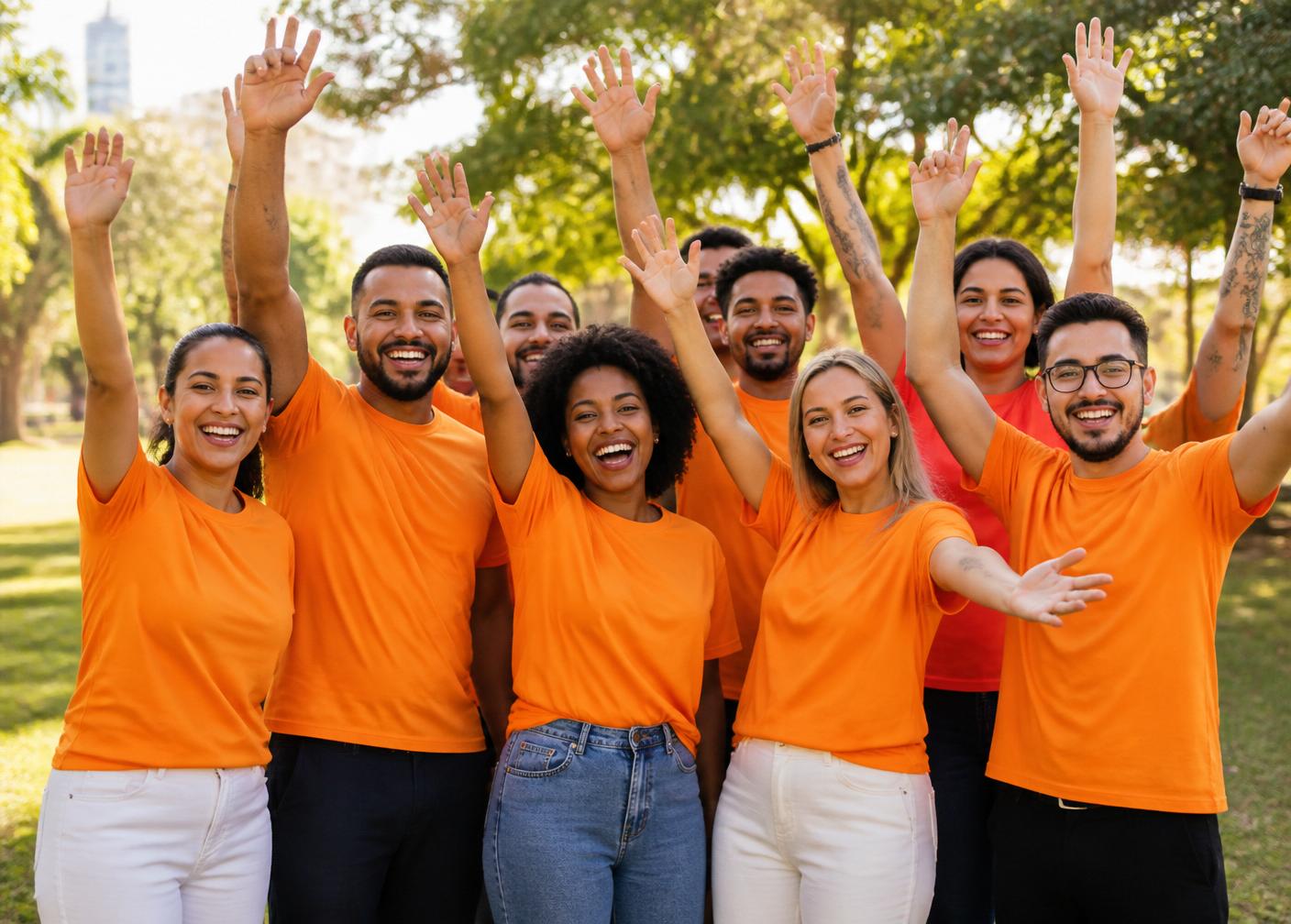 Grupo de pessoas com camisetas laranja levantando as mãos em um parque